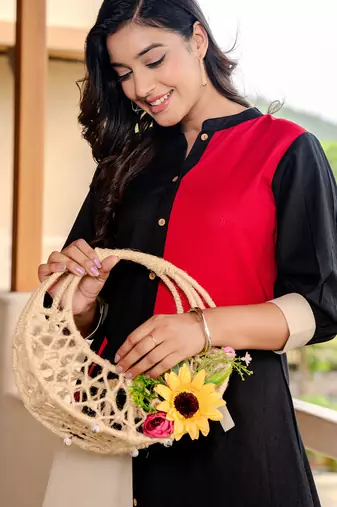 Black printed cotton kurta trouser set