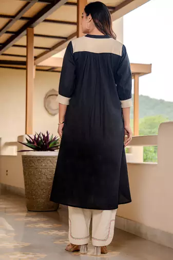 Black printed cotton kurta trouser set