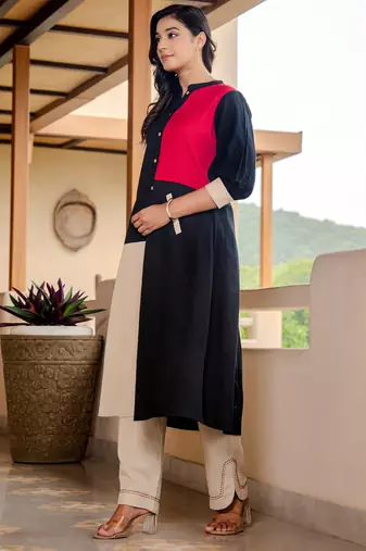 Black printed cotton kurta trouser set