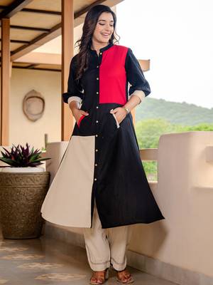 Black printed cotton kurta trouser set 1