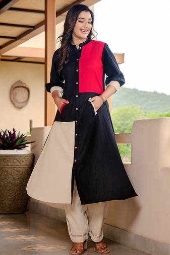Black printed cotton kurta trouser set