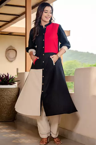 Black printed cotton kurta trouser set