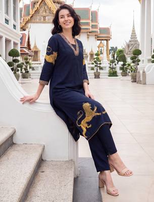 Blue printed viscose rayon kurta trouser set 1