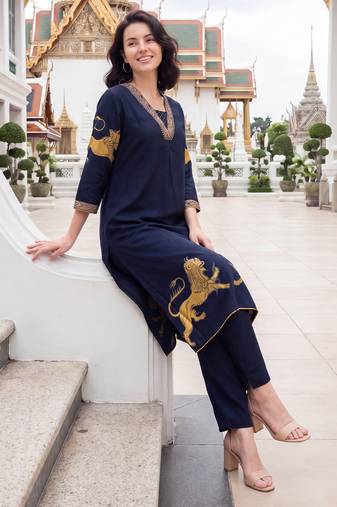 Blue printed viscose rayon kurta trouser set