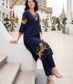 Blue printed viscose rayon kurta trouser set