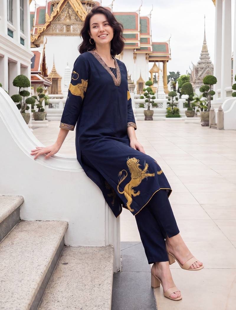 Blue printed viscose rayon kurta trouser set