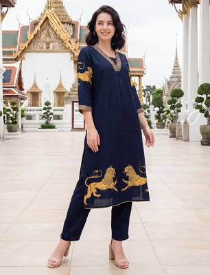 Blue printed viscose rayon kurta trouser set 2