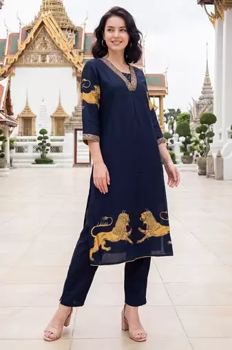 Blue printed viscose rayon kurta trouser set