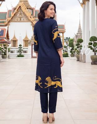 Blue printed viscose rayon kurta trouser set 3
