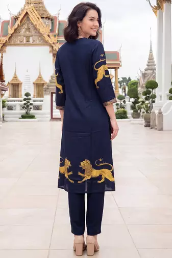 Blue printed viscose rayon kurta trouser set