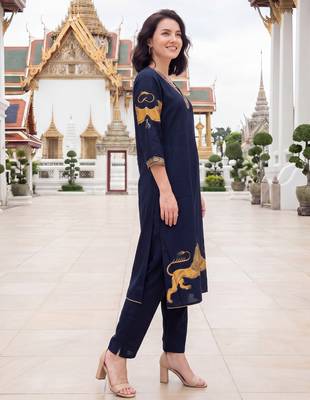 Blue printed viscose rayon kurta trouser set 4