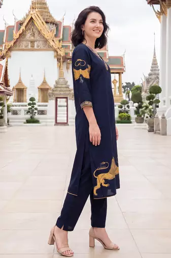Blue printed viscose rayon kurta trouser set
