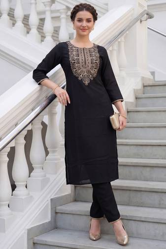 Black embroidered cotton kurta trouser set