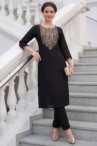 Black embroidered cotton kurta trouser set