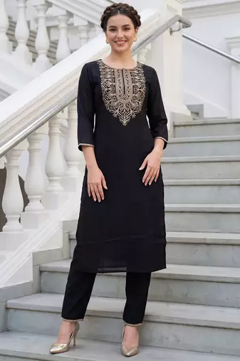 Black embroidered cotton kurta trouser set