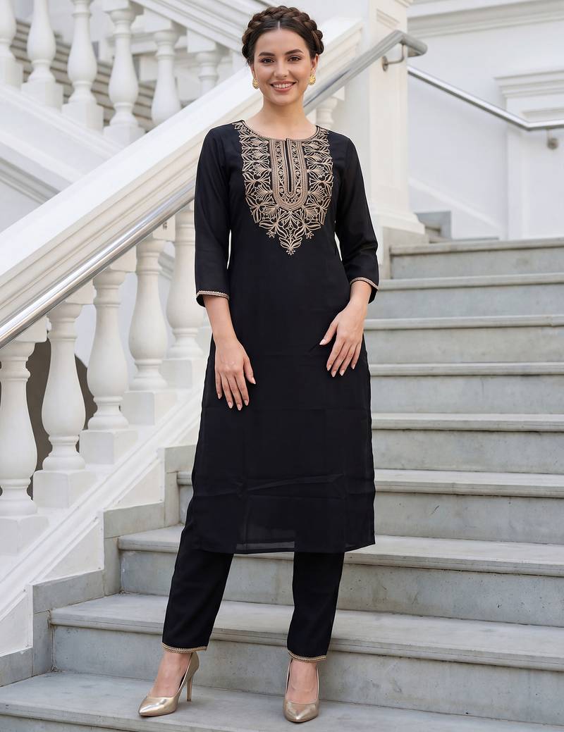 Black embroidered cotton kurta trouser set