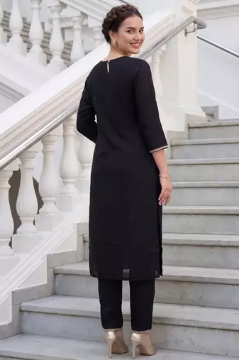 Black embroidered cotton kurta trouser set