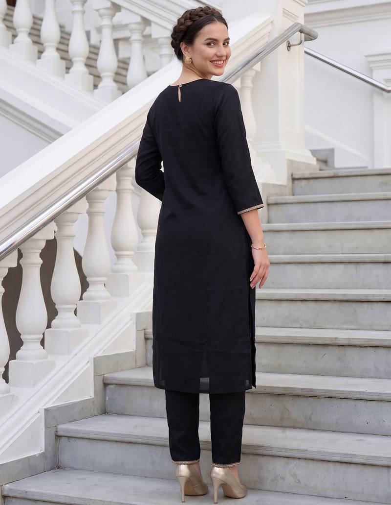 Black embroidered cotton kurta trouser set