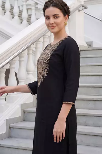 Black embroidered cotton kurta trouser set