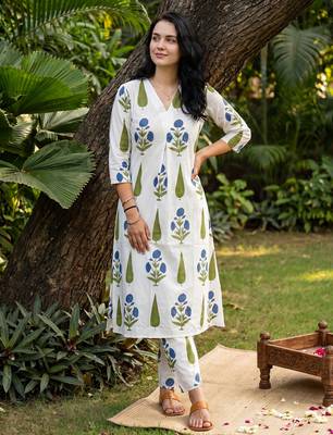 White printed cotton kurta trouser set 1