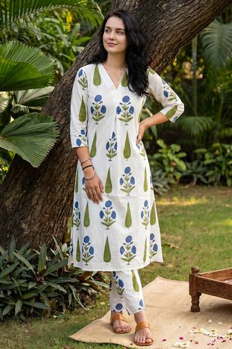 White printed cotton kurta trouser set