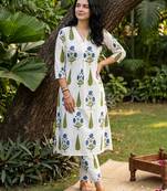 White printed cotton kurta trouser set