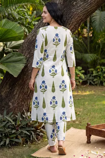 White printed cotton kurta trouser set