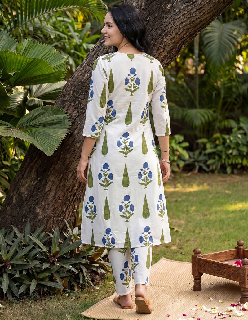 White printed cotton kurta trouser set