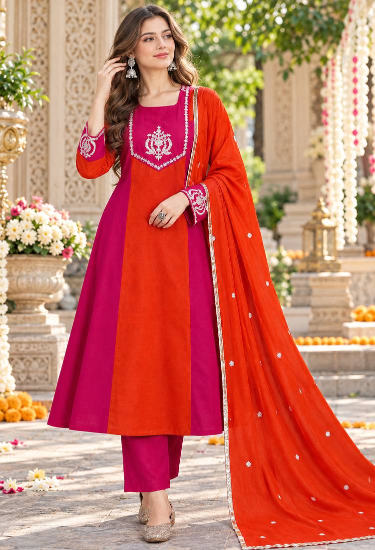 Rani&rust chanderi readymade anarkali suit with embroidery work