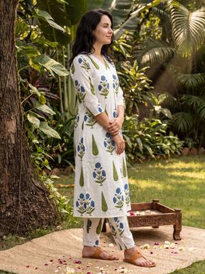 White printed cotton kurta trouser set 3