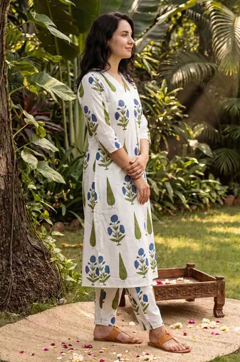 White printed cotton kurta trouser set