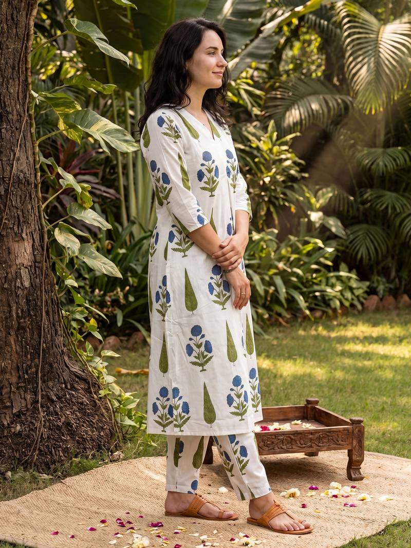 White printed cotton kurta trouser set