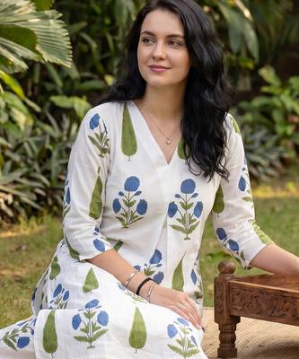 White printed cotton kurta trouser set 4
