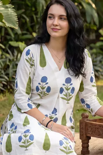 White printed cotton kurta trouser set