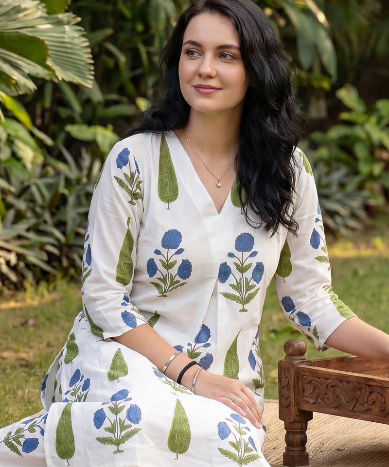 White printed cotton kurta trouser set