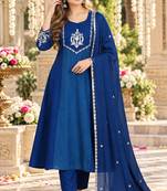 Teal&blue chanderi readymade anarkali suit with embroidery work