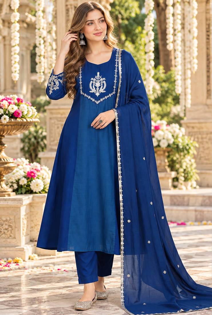Teal&blue chanderi readymade anarkali suit with embroidery work