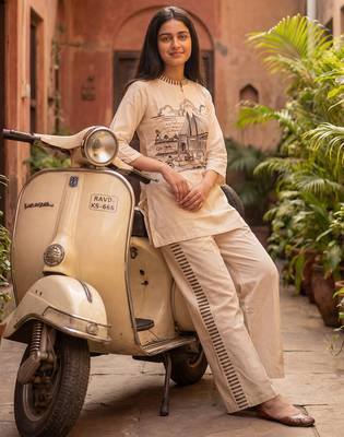 White printed cotton kurta trouser set 1
