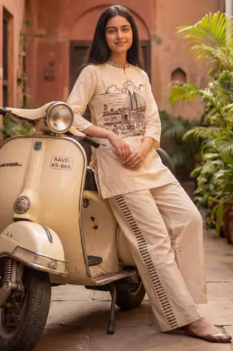 White printed cotton kurta trouser set