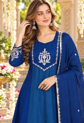 Teal&blue chanderi readymade anarkali suit with embroidery work 2
