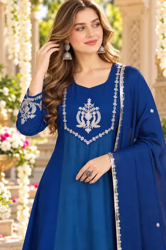Teal&blue chanderi readymade anarkali suit with embroidery work