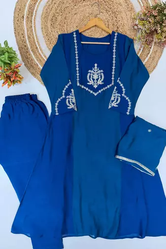 Teal&blue chanderi readymade anarkali suit with embroidery work