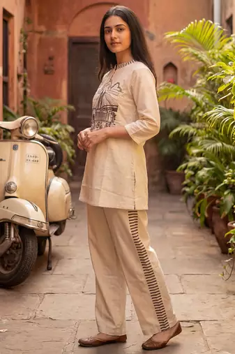White printed cotton kurta trouser set