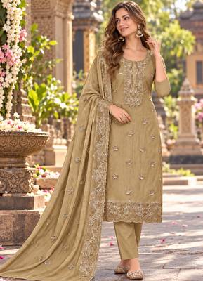 Beige chiffon semi stitched suit with embroidery & sequence work 1