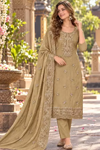 Beige chiffon semi stitched suit with embroidery & sequence work