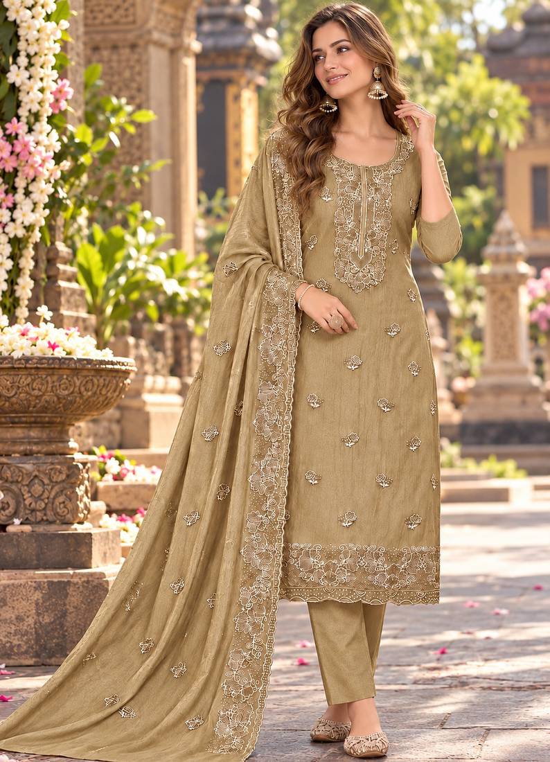 Beige chiffon semi stitched suit with embroidery & sequence work