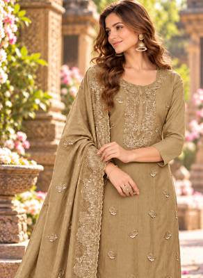 Beige chiffon semi stitched suit with embroidery & sequence work 2