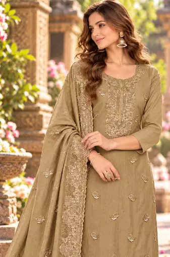 Beige chiffon semi stitched suit with embroidery & sequence work