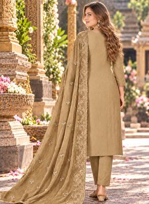 Beige chiffon semi stitched suit with embroidery & sequence work 3