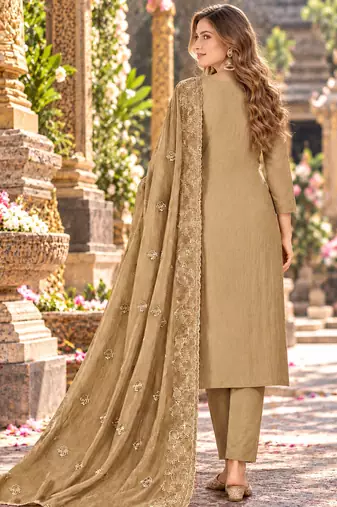Beige chiffon semi stitched suit with embroidery & sequence work